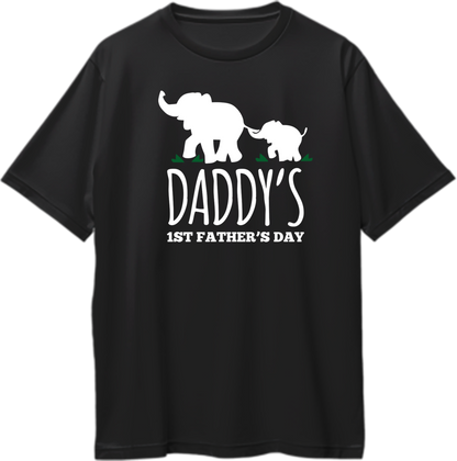 Black Daddy’s 1st Father’s Day Oversized T-Shirt by Garrari with white father and baby elephant graphic