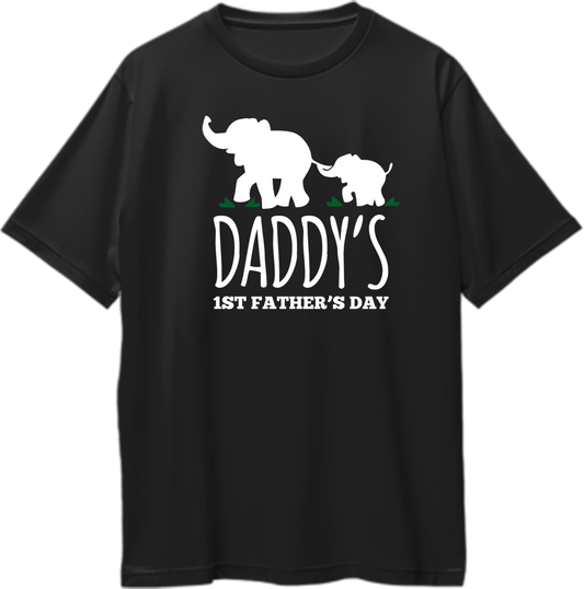 Black Daddy’s 1st Father’s Day Oversized T-Shirt by Garrari with white father and baby elephant graphic