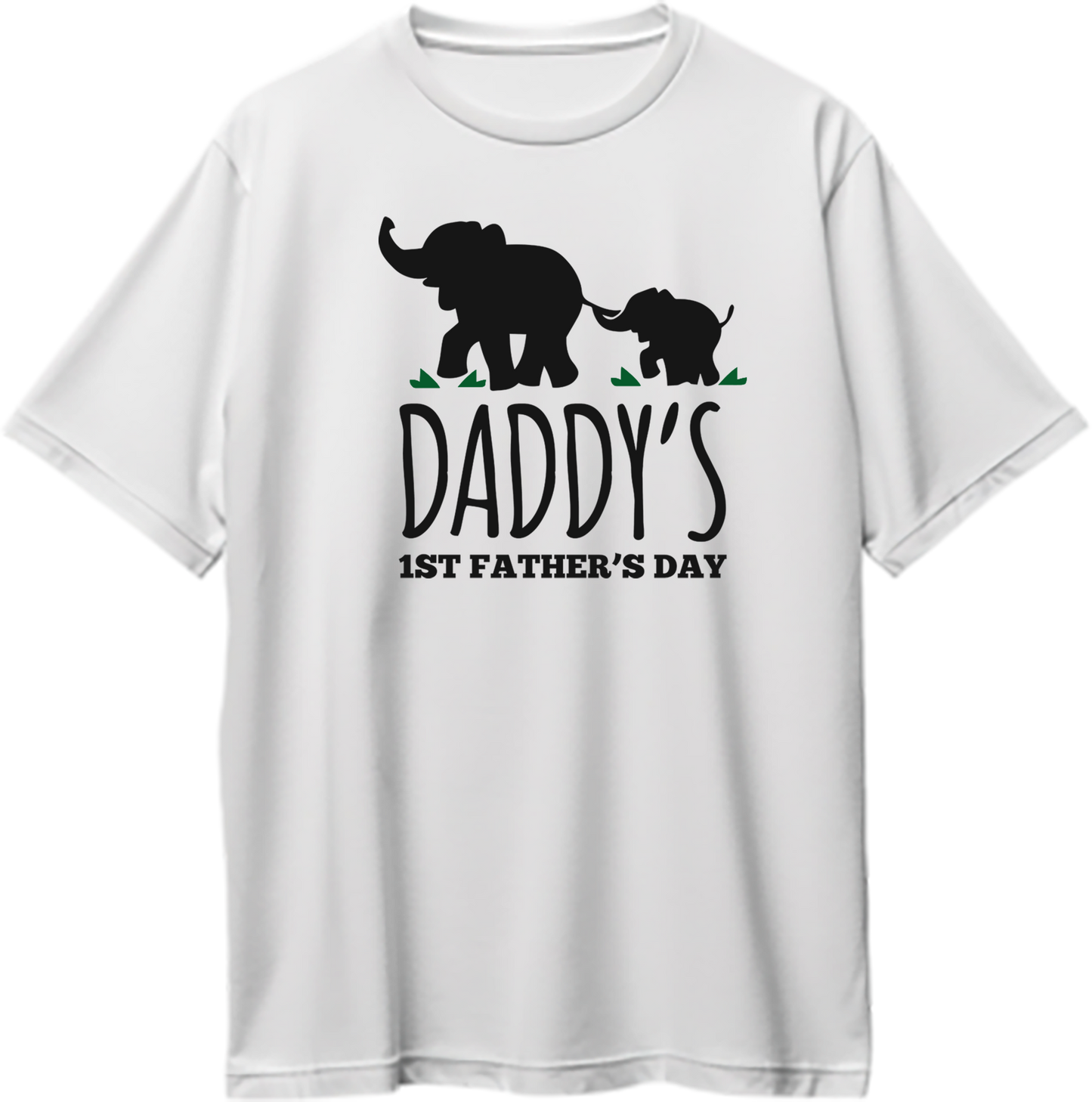 White Daddy’s 1st Father’s Day Oversized T-Shirt by Garrari with black father and baby elephant graphic