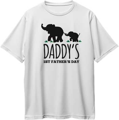 White Daddy’s 1st Father’s Day Oversized T-Shirt by Garrari with black father and baby elephant graphic