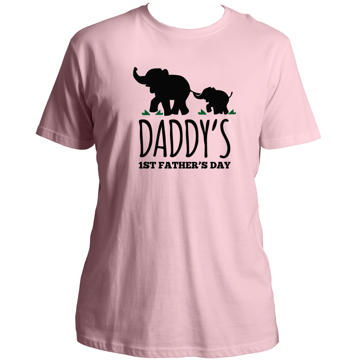 Daddy’s 1st Father’s Day Baby Pink Unisex T-Shirt by Garrari with father and baby elephant print