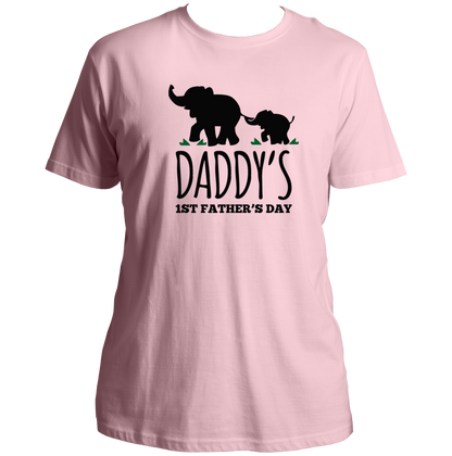 Daddy’s 1st Father’s Day Baby Pink Unisex T-Shirt by Garrari with father and baby elephant print