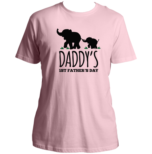 Daddy’s 1st Father’s Day Baby Pink Unisex T-Shirt by Garrari with father and baby elephant print