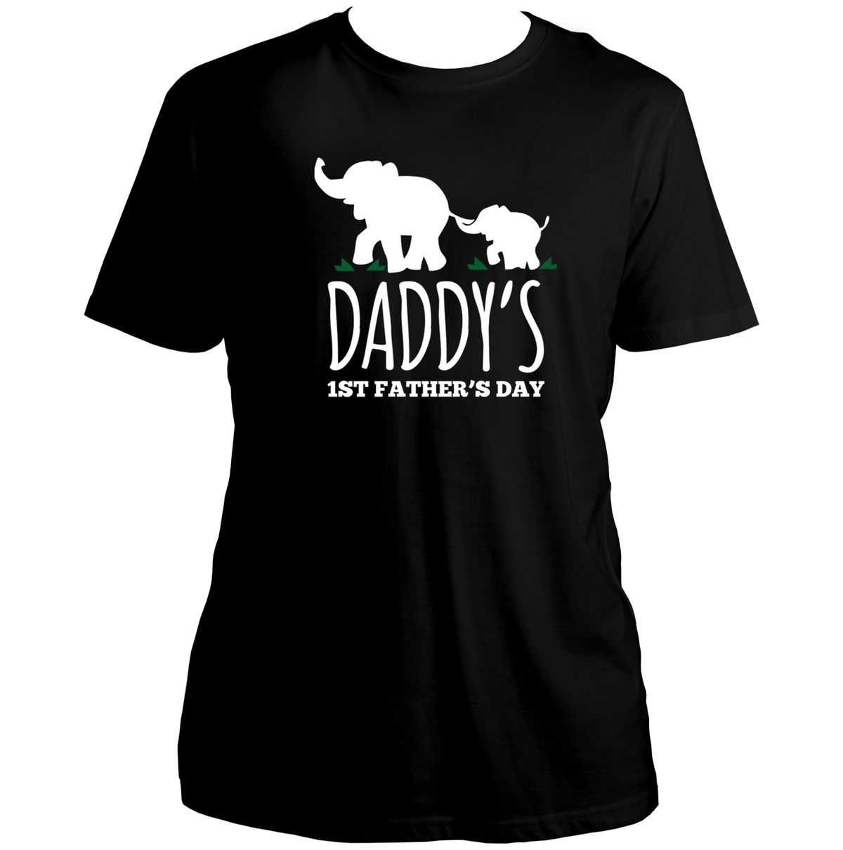 Daddy’s 1st Father’s Day Black Unisex T-Shirt by Garrari with father and baby elephant design
