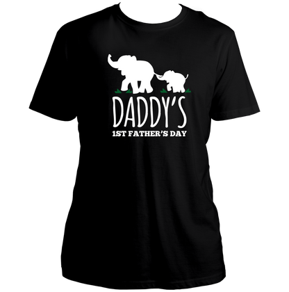 Daddy’s 1st Father’s Day Black Unisex T-Shirt by Garrari with father and baby elephant design