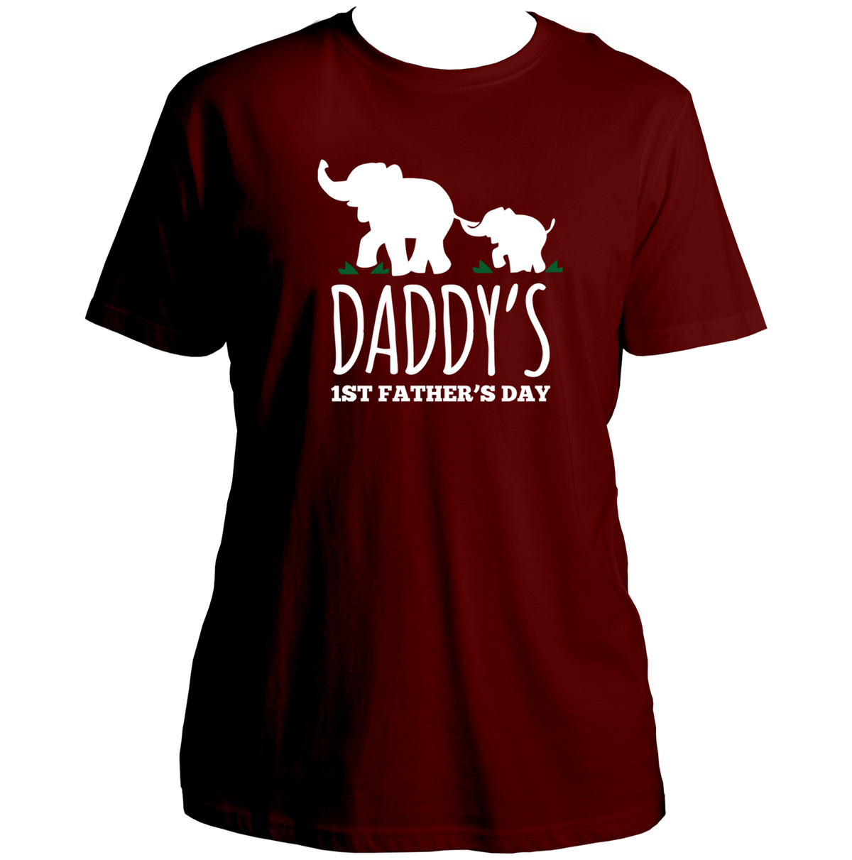 Daddy’s 1st Father’s Day Maroon Unisex T-Shirt by Garrari with daddy and baby elephant print