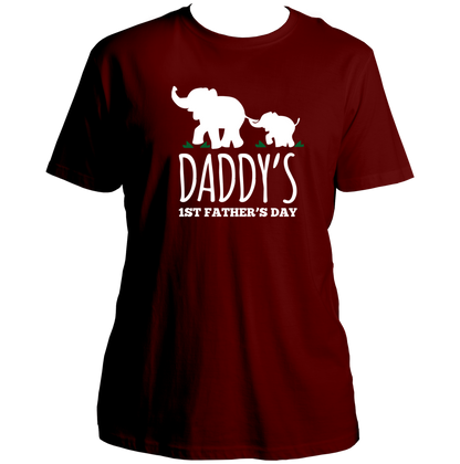 Daddy’s 1st Father’s Day Maroon Unisex T-Shirt by Garrari with daddy and baby elephant print