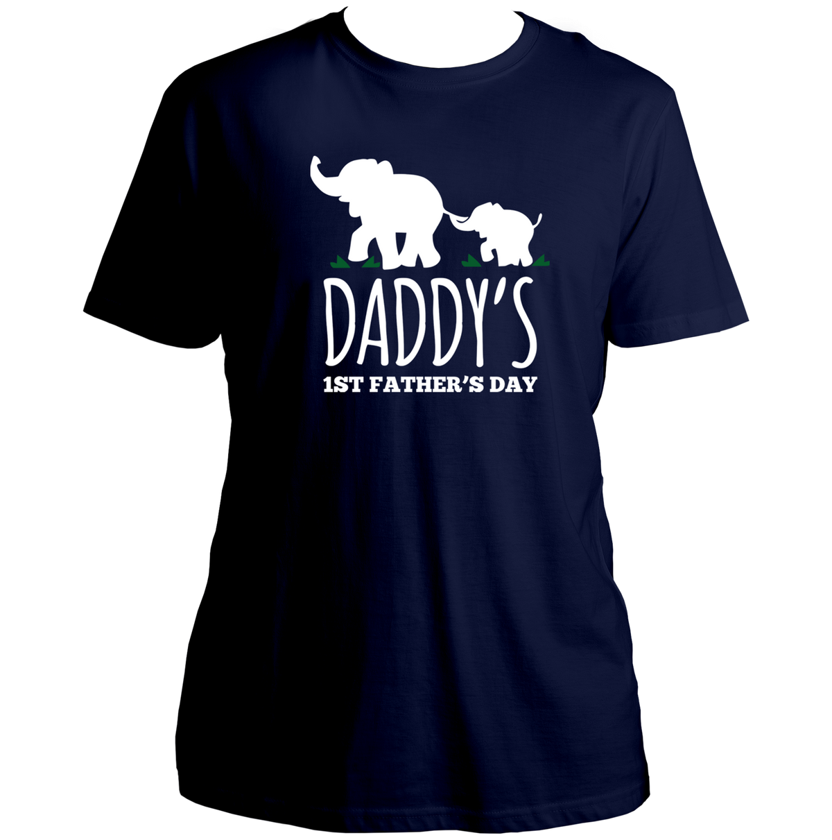 Daddy’s 1st Father’s Day Navy Blue Unisex T-Shirt by Garrari with first-time dad elephant graphic