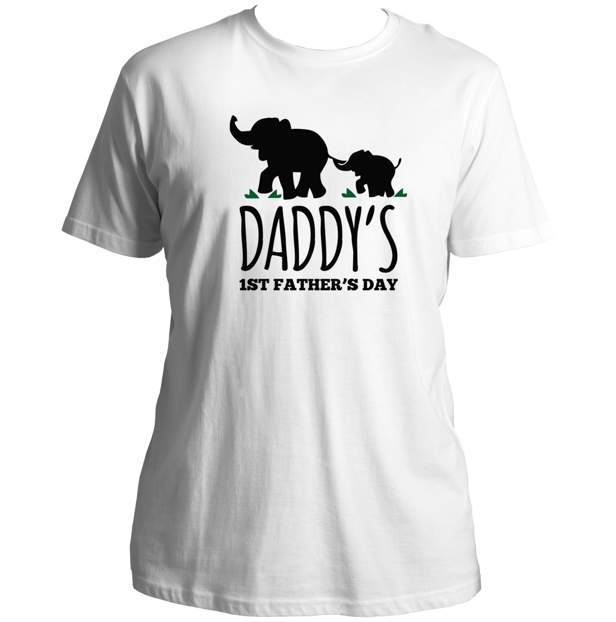 Daddy’s 1st Father’s Day White Unisex T-Shirt by Garrari with black father and baby elephant print