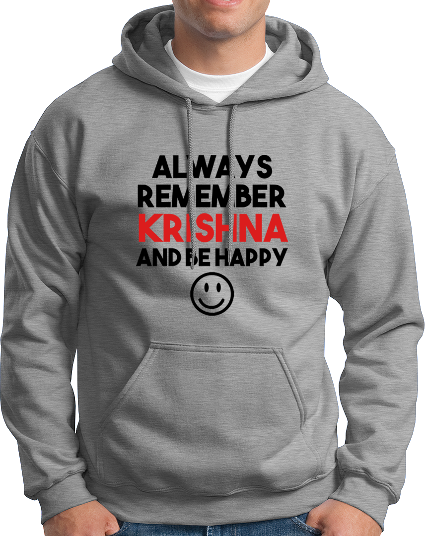 Grey Always Remember Krishna hoodie with Krishna devotional quote print by Garrari