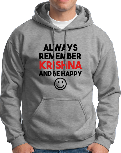 Grey Always Remember Krishna hoodie with Krishna devotional quote print by Garrari
