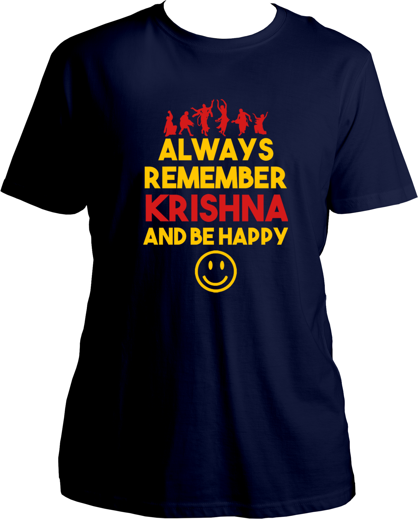 Always remember krishna and be happy. Wear this wonderful and amazing navy blue t-shirt if you love Krishna. Radhe Radhe!