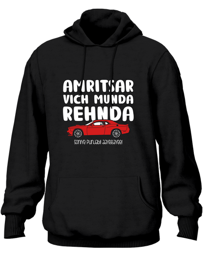 Black unisex Punjabi hoodie featuring “Amritsar Vich Munda Rehnda – Sohniye Punjabi Aayee” typography with red car graphic, inspired by Punjabi song culture