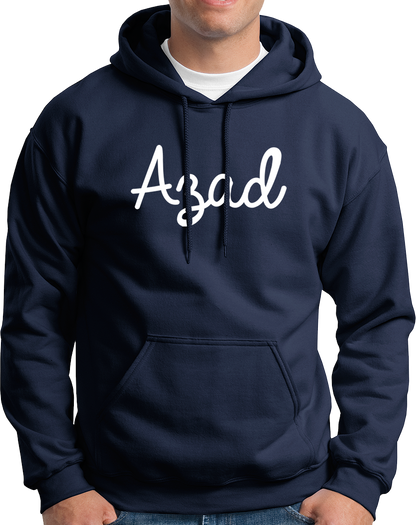 Navy Blue Azad Unisex Hoodie with clean Azad front print by Garrari