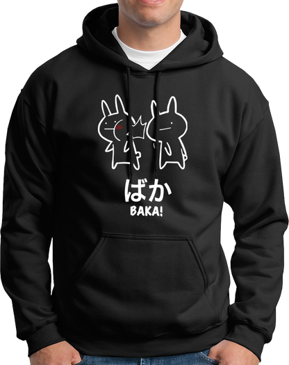 Black Baka Anime Unisex Hoodie with cute Japanese slap character artwork by Garrari