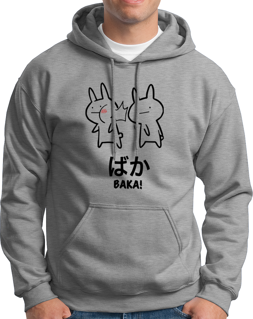Grey Baka Anime Unisex Hoodie with kawaii Baka character print by Garrari