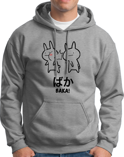 Grey Baka Anime Unisex Hoodie with kawaii Baka character print by Garrari