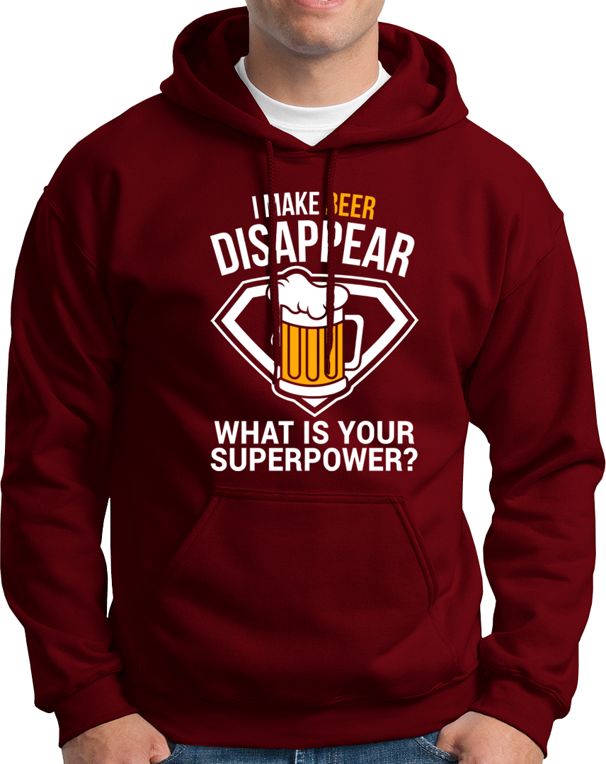 Maroon Beer Power Unisex Hoodie with I Make Beer Disappear design by Garrari