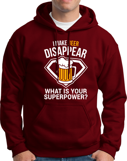 Maroon Beer Power Unisex Hoodie with I Make Beer Disappear design by Garrari