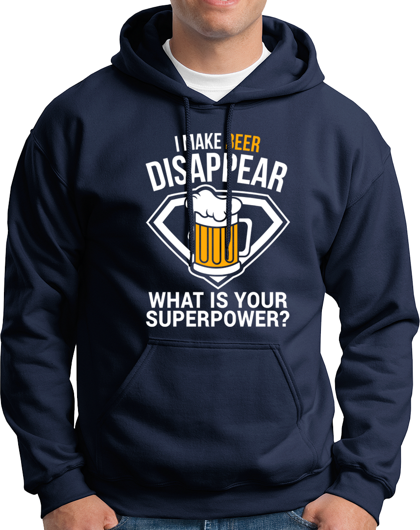 Navy Blue Beer Power Unisex Hoodie with funny beer graphic print by Garrari