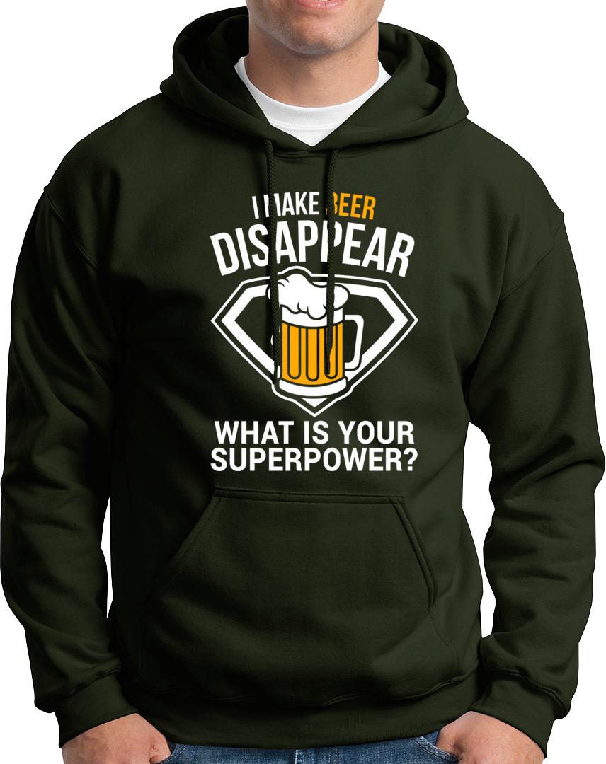Olive Green Beer Power Unisex Hoodie with beer mug and superpower typography by Garrari