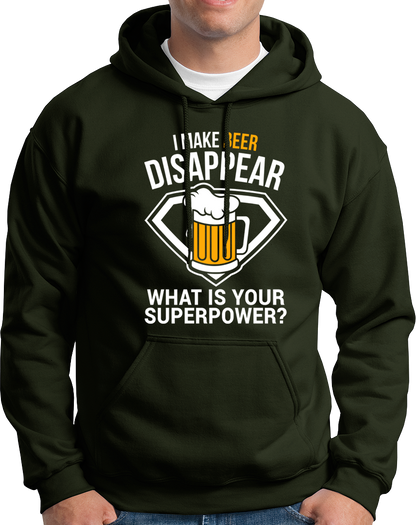 Olive Green Beer Power Unisex Hoodie with beer mug and superpower typography by Garrari