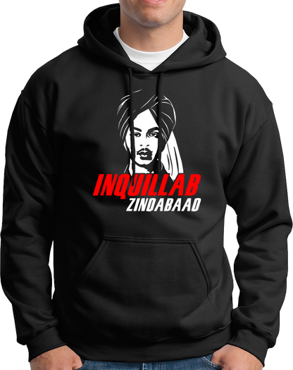 Black Bhagat Singh Inquillab Zindabad Unisex Hoodie with revolutionary slogan print by Garrari