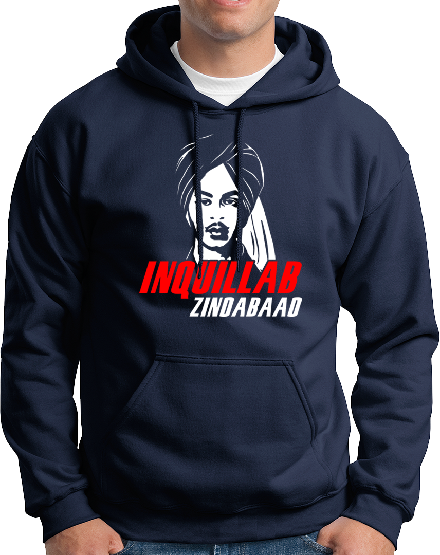 Navy Blue Bhagat Singh Inquillab Zindabad Unisex Hoodie with revolutionary slogan print by Garrari