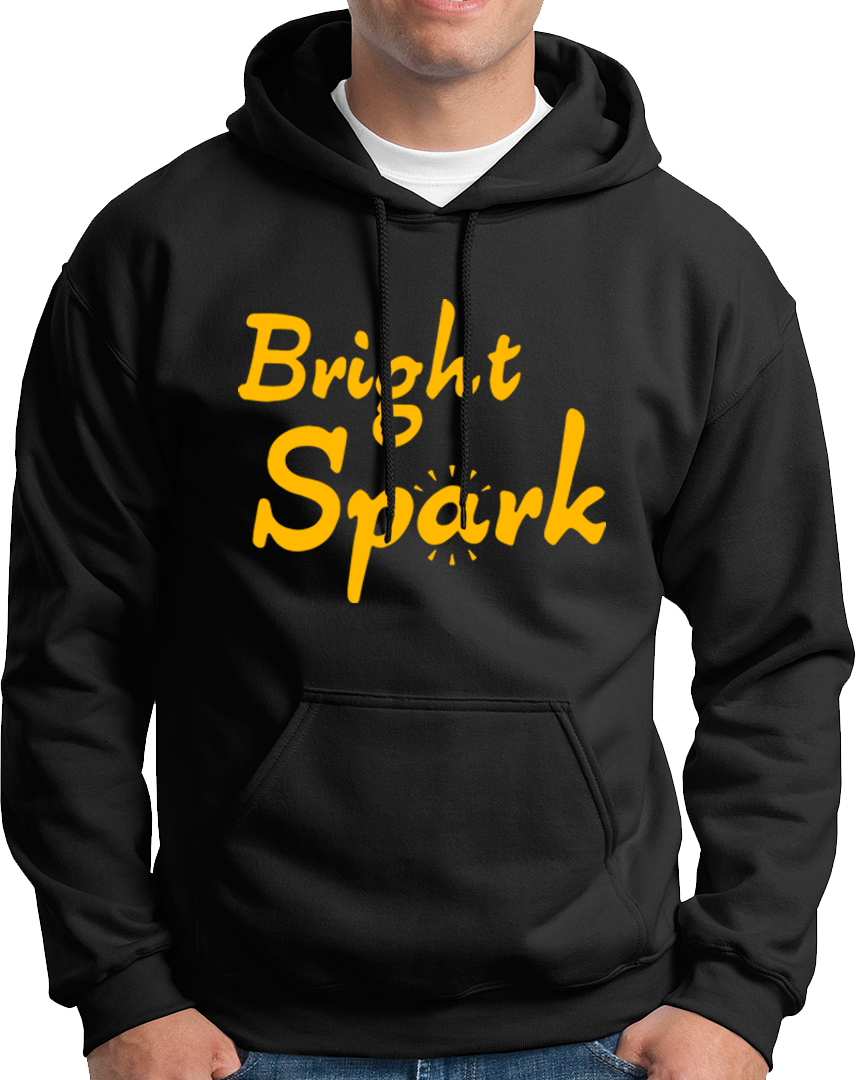 Black Bright Spark Unisex Hoodie with bold yellow Bright Spark text design by Garrari