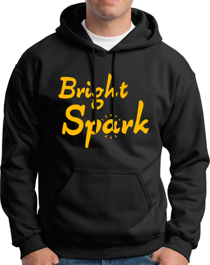 Black Bright Spark Unisex Hoodie with bold yellow Bright Spark text design by Garrari