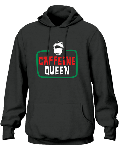 Dark Grey Caffeine Queen Unisex Hoodie with coffee cup graphic and bold typography by Garrari