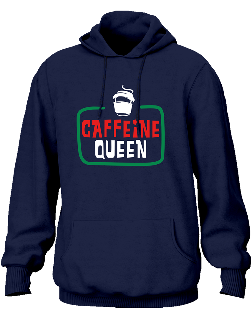 Navy Blue Caffeine Queen Unisex Hoodie with café-inspired typography design by Garrari