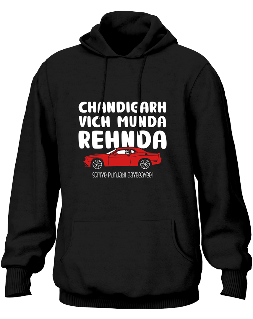Black unisex Punjabi hoodie featuring “Chandigarh Vich Munda Rehnda – Sohniye Punjabi Aayee” typography with red car graphic, inspired by Punjabi song culture