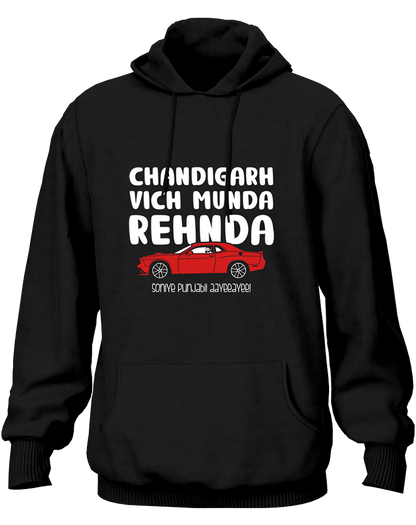 Black unisex Punjabi hoodie featuring “Chandigarh Vich Munda Rehnda – Sohniye Punjabi Aayee” typography with red car graphic, inspired by Punjabi song culture