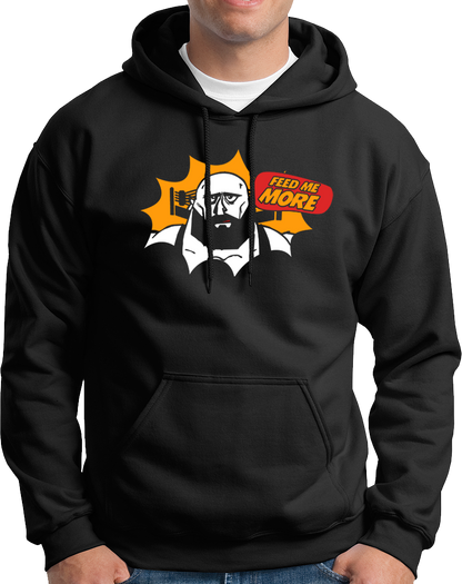 Black Feed Me More Unisex Hoodie with funny food lover character graphic by Garrari