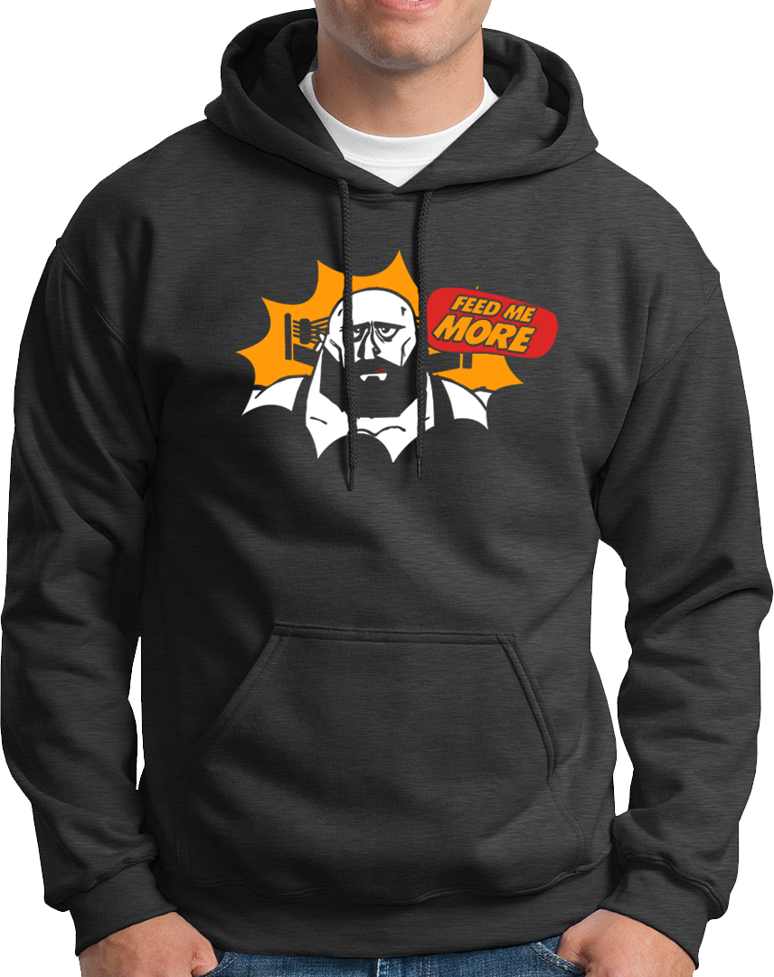 Dark Grey Feed Me More Unisex Hoodie with bold Feed Me More foodie print by Garrari