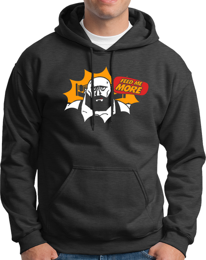 Dark Grey Feed Me More Unisex Hoodie with bold Feed Me More foodie print by Garrari