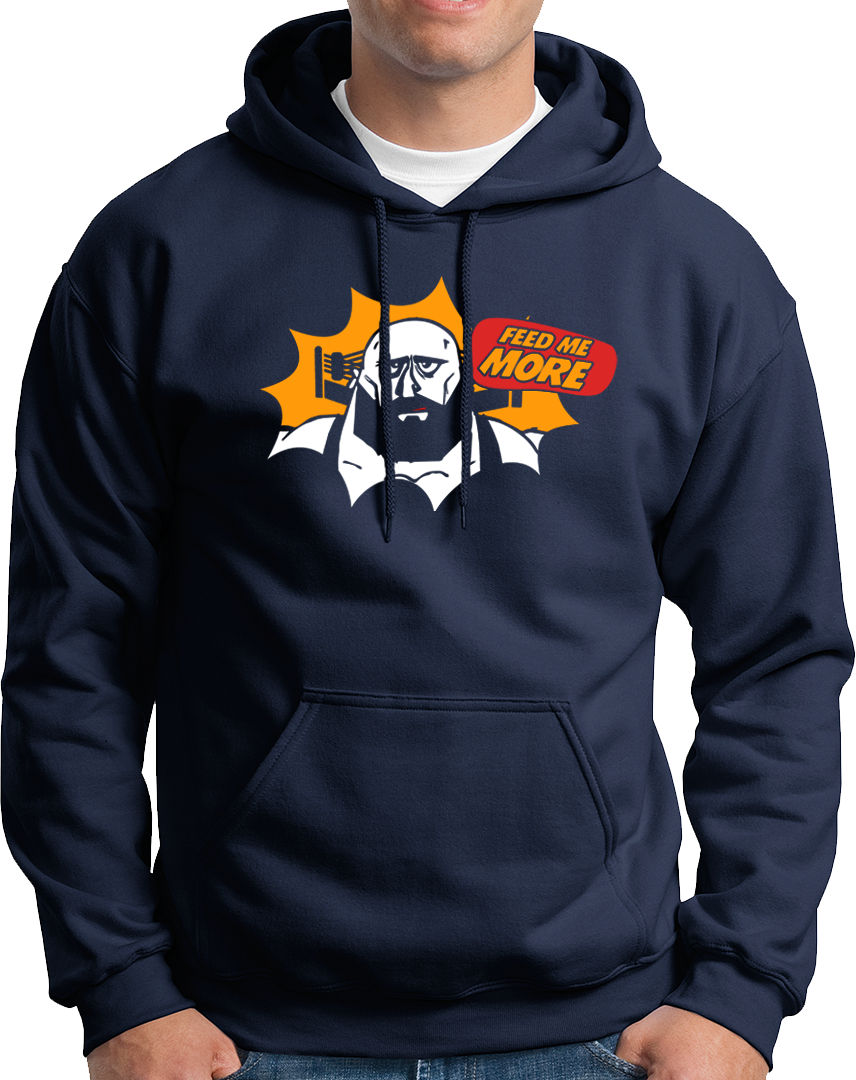 Navy Blue Feed Me More Unisex Hoodie with funny snack lover graphic by Garrari