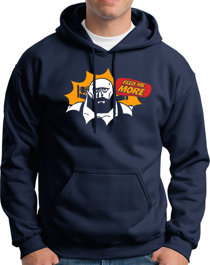 Navy Blue Feed Me More Unisex Hoodie with funny snack lover graphic by Garrari