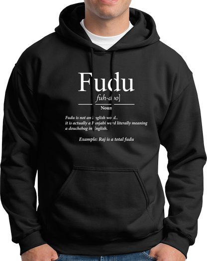 Black Fudu Unisex Hoodie with funny Punjabi typography print by Garrari
