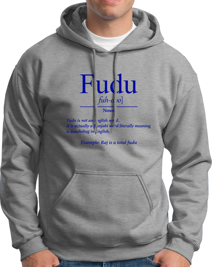Grey Fudu Unisex Hoodie with Punjabi slang dictionary-style print by Garrari