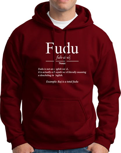 Black Fudu Unisex Hoodie with funny Punjabi typography print by Garrari