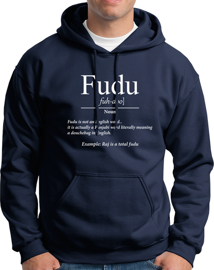 Navy Blue Fudu Unisex Hoodie with funny Punjabi dictionary-style print by Garrari
