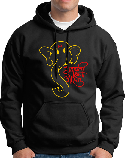Ganpati Bappa Morya black unisex hoodie with devotional chant graphic by Garrari