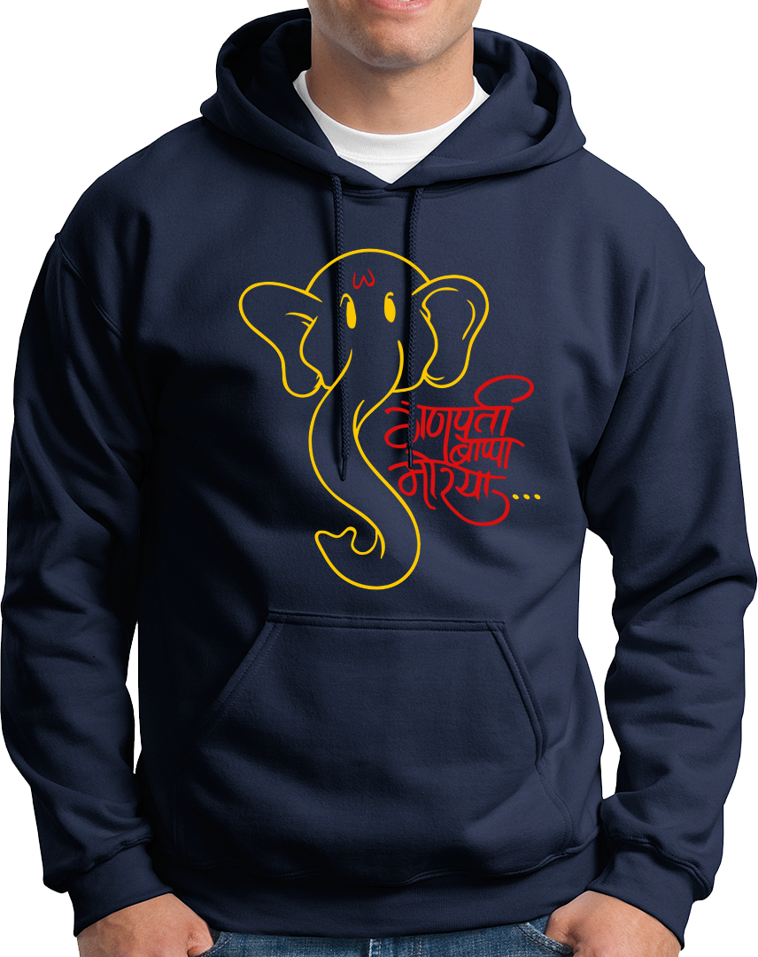 Ganpati Bappa Morya navy blue unisex hoodie with devotional chant graphic by Garrari