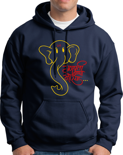 Ganpati Bappa Morya navy blue unisex hoodie with devotional chant graphic by Garrari