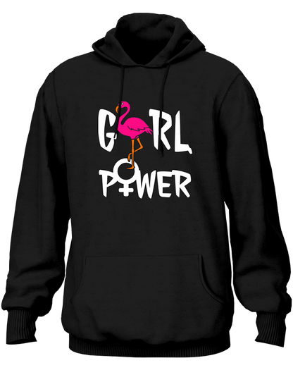 Black Girl Power Unisex Hoodie with pink flamingo graphic and white typography by Garrari