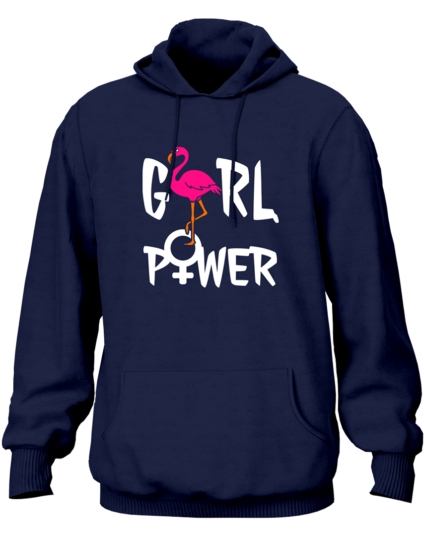 Navy Blue Girl Power Unisex Hoodie with bold flamingo and female-symbol graphic by Garrari