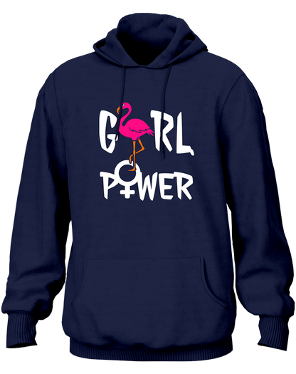 Navy Blue Girl Power Unisex Hoodie with bold flamingo and female-symbol graphic by Garrari