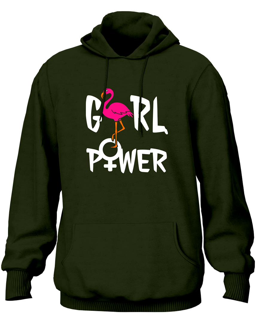 Olive Green Girl Power Unisex Hoodie with Girl Power typography and flamingo design by Garrari